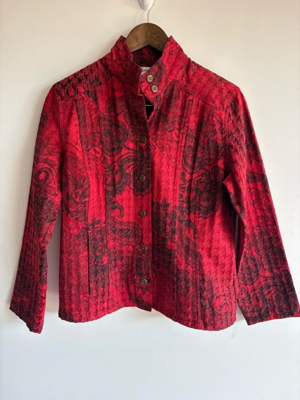 Chico’s Red Black Jacquard Jacket Size 1 (M) Textured Button Front Blazer - Picture 4 of 8
